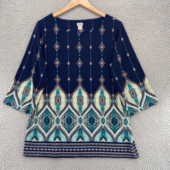 Chicos Top Womens 2 US Large Navy Multi Batik Print Tunic 3/4 Sleeves Stretch - Picture 1 of 11